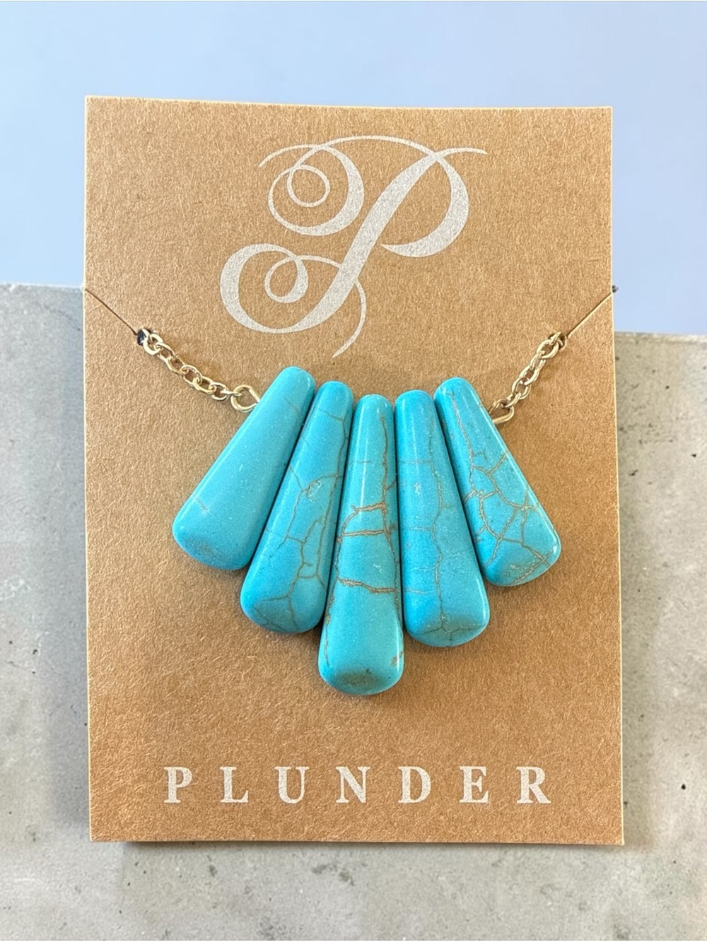 Plunder Bright Turquoise Fan Stone Necklace - Gold Tone Chain